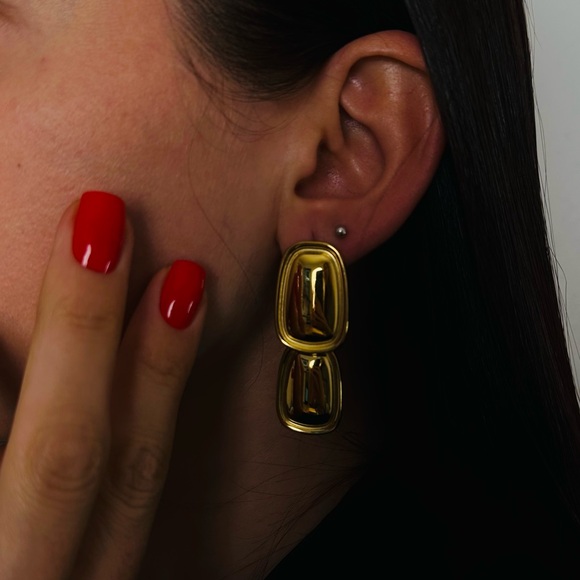 New Smooth Glossy Geometric Rectangle Pendant Earrings Gold Statement - Picture 2 of 9